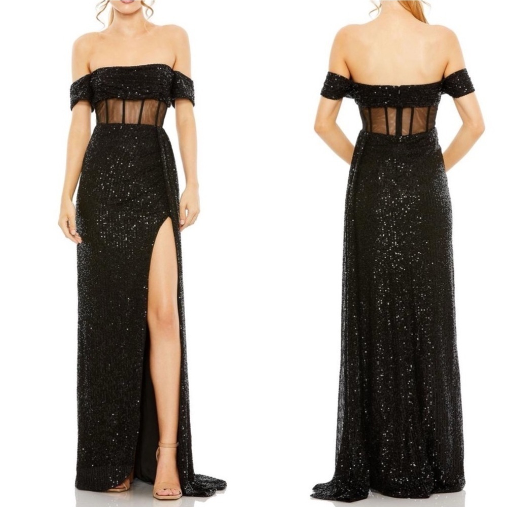 NWT Mac Duggal 11665 Off Shoulder Sequin Evening Dress Gown Sheer Corset Waist 8